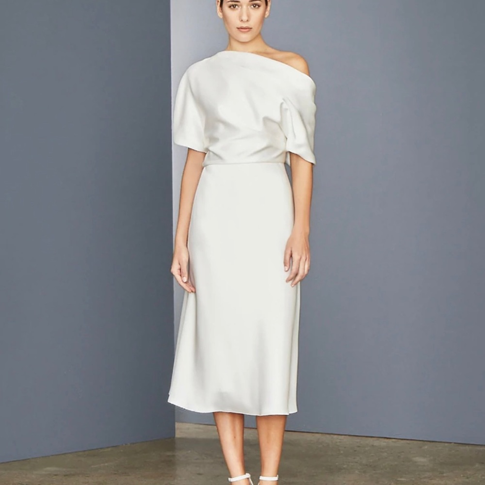 Amsale Little White dress Draped Bodice Satin Bias Off Shoulder midi 10 12 14
